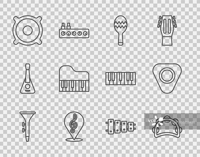 鼓和鼓槌、铃鼓与沙锤线条图片素材