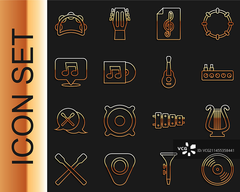 黑胶唱片、古里拉琴与混音器线条组合图片素材