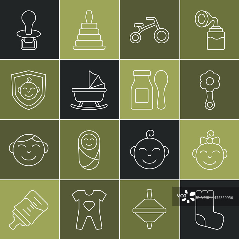 婴儿袜子、小女孩头像和拨浪鼓图片素材