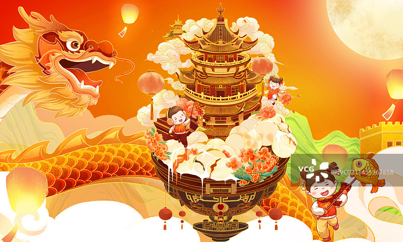 传统元宵佳节新年节日插画场景图片素材