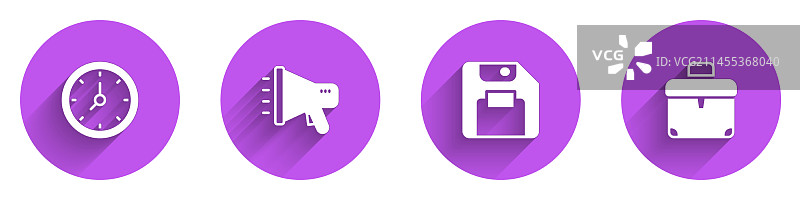 时钟、扩音器、软盘和公文包图片素材