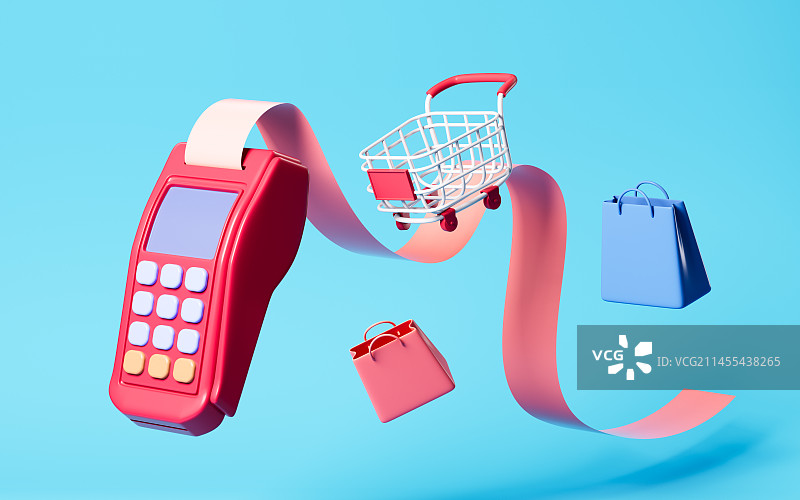 卡通pos机与购物车3D渲染图片素材