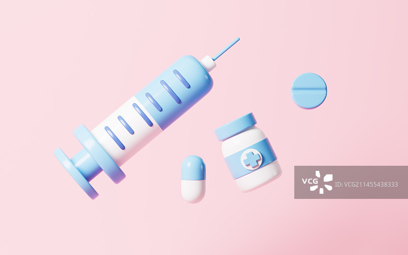 卡通注射器和药物治疗3D渲染图片素材