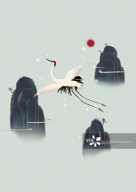 中国风24节气小雪仙鹤山水插画图片素材