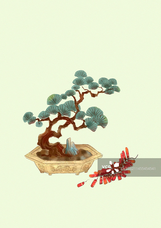 中国风24节气冬天大寒松树盆景静物插画图片素材