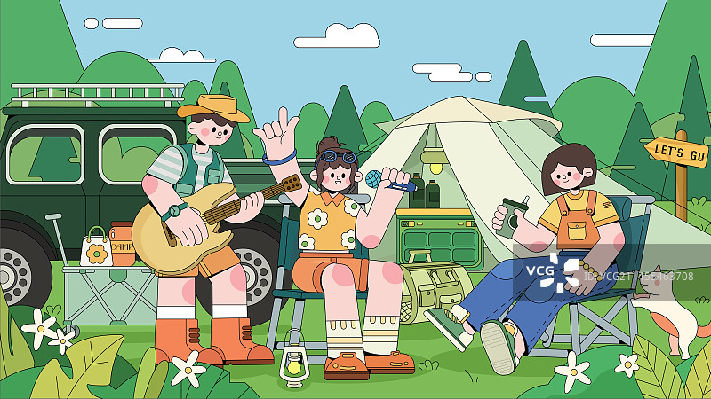 周末户外朋友露营矢量分层插画图片素材