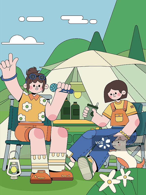 周末户外露营双人矢量插画海报图片素材