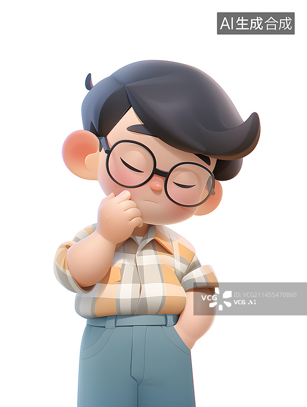 【AI数字艺术】一个带眼镜的穿格子衬衫的男生在沉思3D图片素材