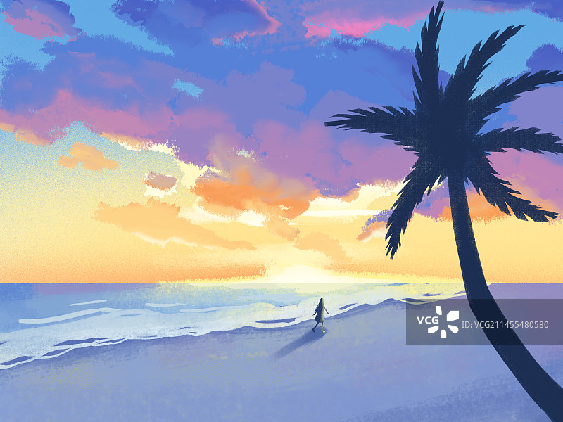 落日海边女生散步风景图片素材