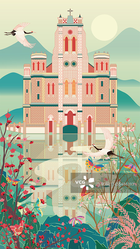 国风地标系列—国潮风天津望海楼教堂矢量插画图片素材