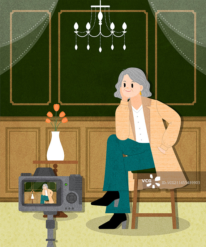 老年女人摆姿势拍照矢量插画图片素材