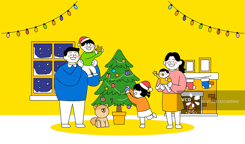 一家人制作圣诞树的矢量插画图片素材