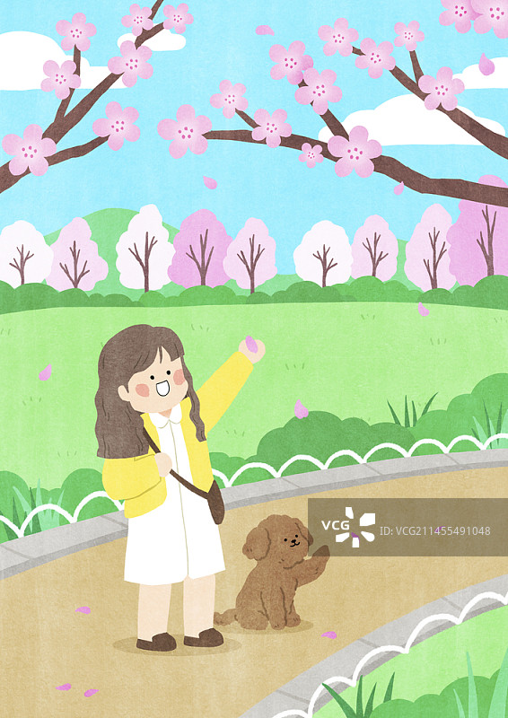 女孩和小狗与樱花插画图片素材