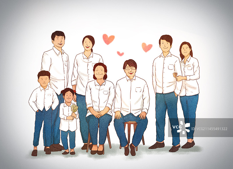 身穿白色T恤和蓝色牛仔裤的一家人的插画图片素材