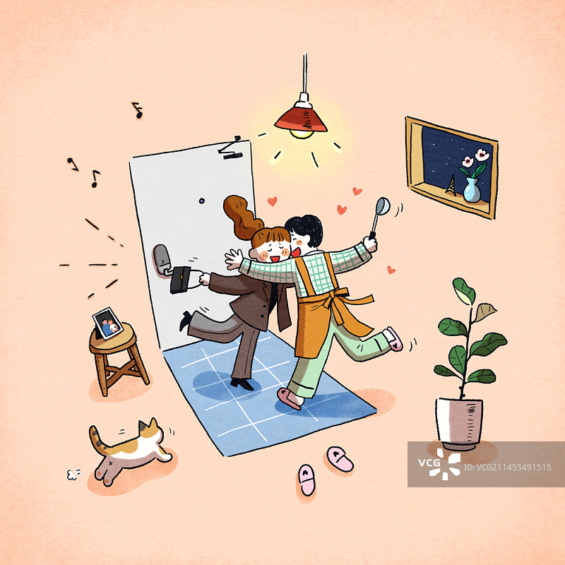 门口拥抱的情侣插画图片素材