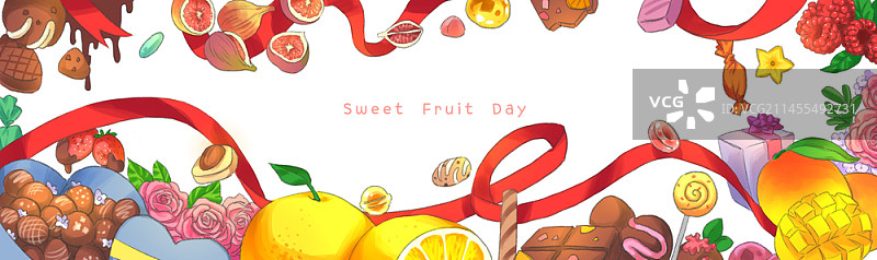 带有水果、糖果和丝带的框架插图图片素材