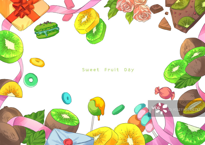 带有水果、糖果和丝带的框架插图图片素材