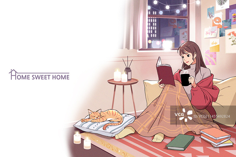 女子在家读书插画图片素材