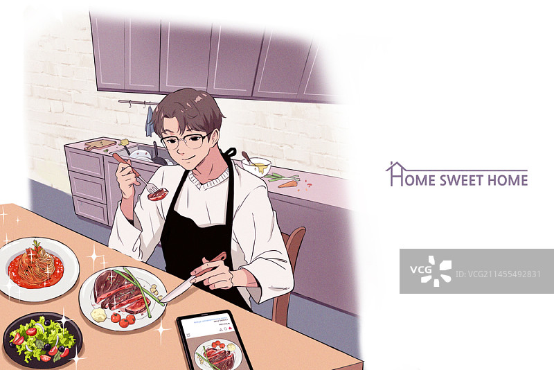 男人在家做饭插画图片素材