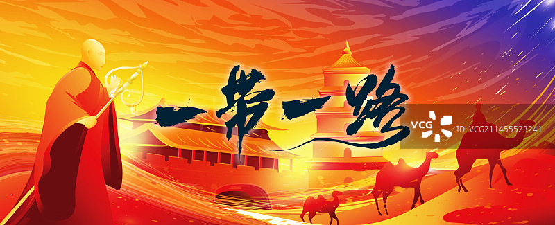 一带一路沙漠中行走唐僧和骆驼商队插画图片素材