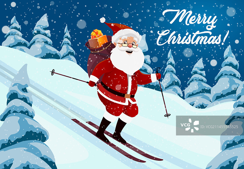 圣诞老人在冬季圣诞森林滑雪图片素材