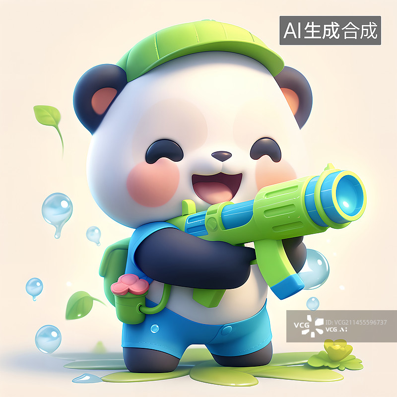 【AI数字艺术】穿蓝色衣服的大熊猫玩水枪插画图片素材