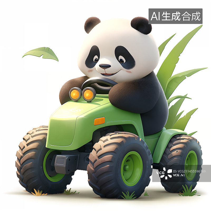 【AI数字艺术】一只大熊猫驾驶着一辆绿色拖拉机植物插画图片素材