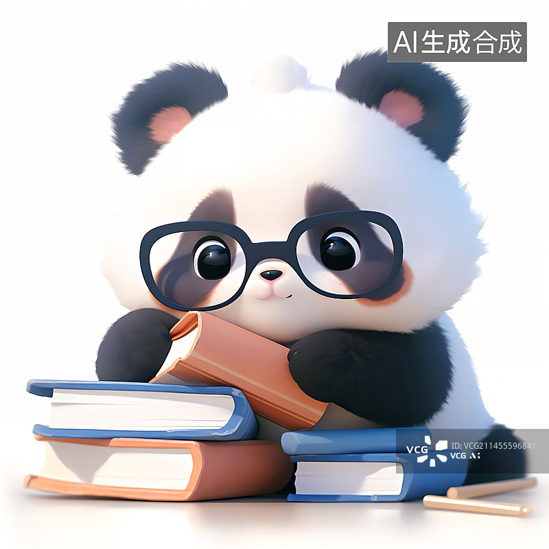【AI数字艺术】一个可爱的大熊猫戴着眼镜趴在书堆上插画图片素材