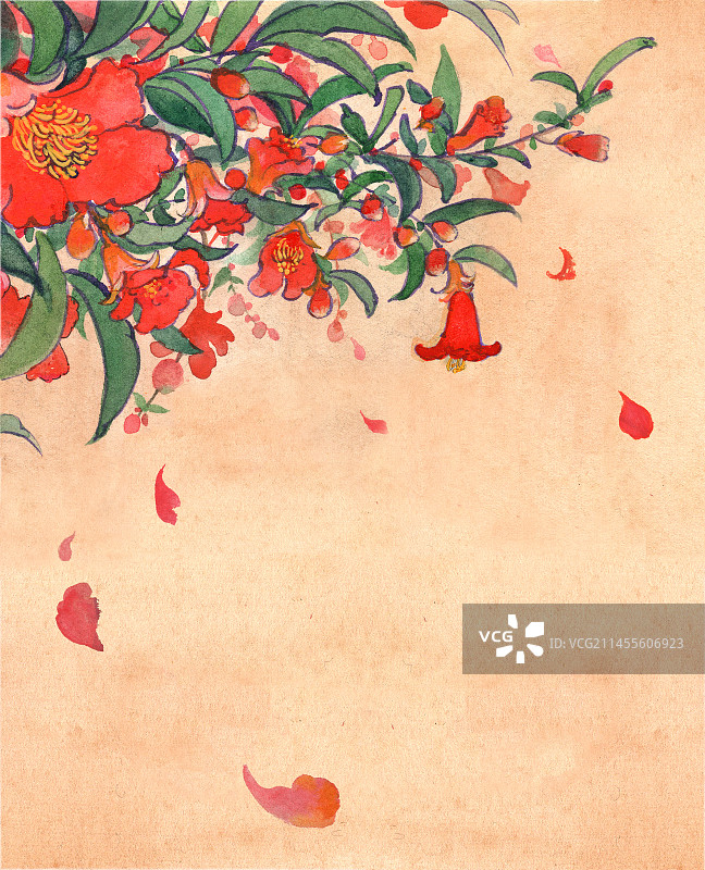 古风手绘石榴花装饰插画图片素材