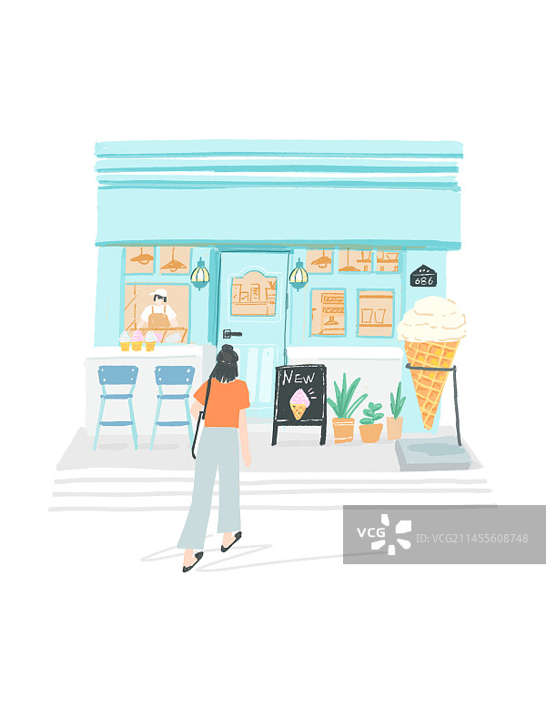 冰激淋店街景手绘插画图片素材