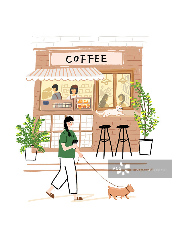 咖啡店街景小清新手绘插画图片素材