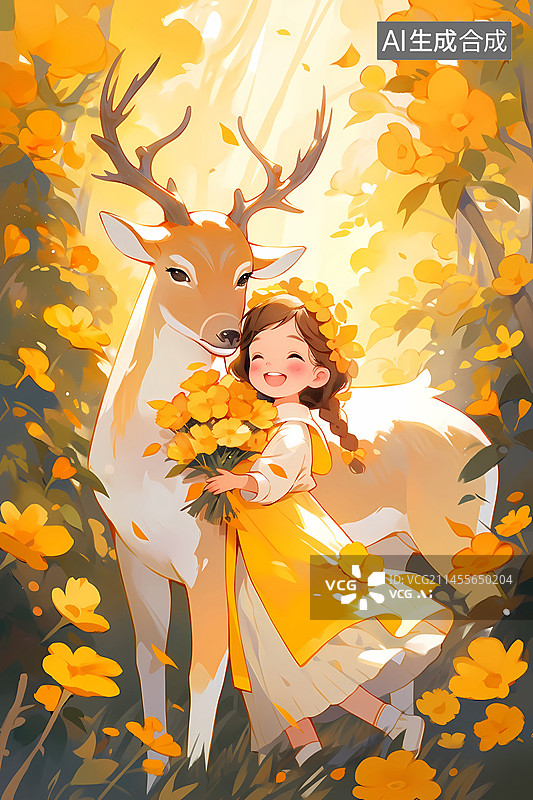 【AI数字艺术】二十四节气日历套图，立秋女孩和鹿在森林插画图片素材