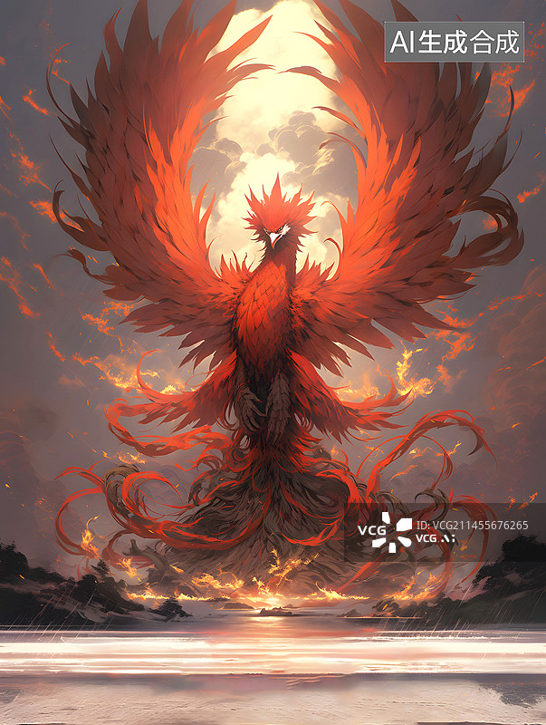 【AI数字艺术】中国古代神兽山海经系列插画之南方朱雀图片素材