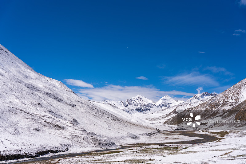 高原蓝天白云下的雪山冰川图片素材