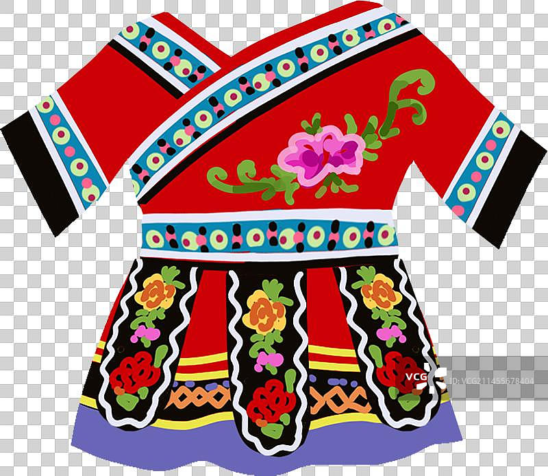 56个民族插画元素扁平畲族女裙子套装刺绣花图片素材