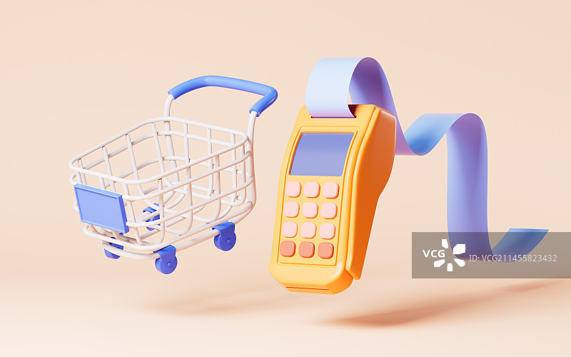 卡通pos机与购物车3D渲染图片素材