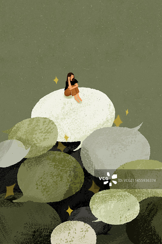 一个女孩在很多的语音对话框泡泡上图片素材