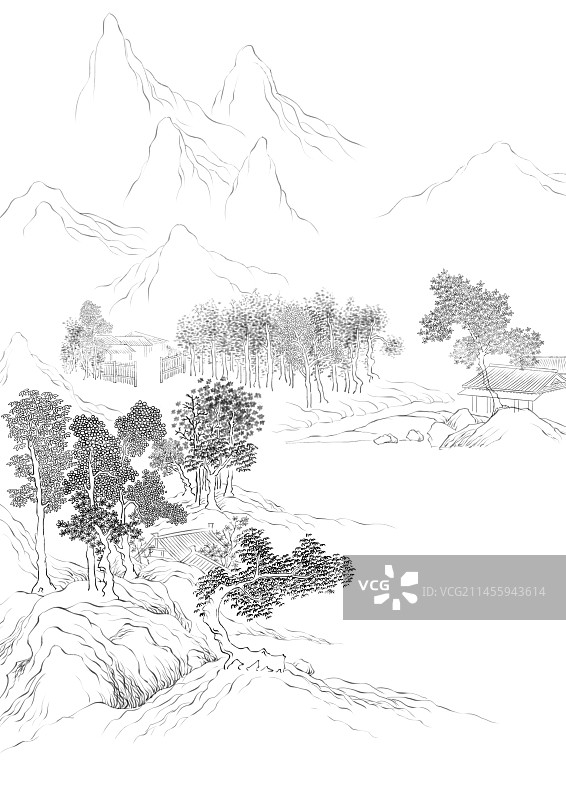 唯美手绘山水插画黑白线稿山水白描图片素材