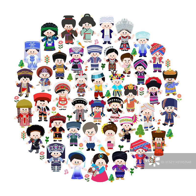 五十六个民族圆形可爱人物造型拼贴插画图片素材