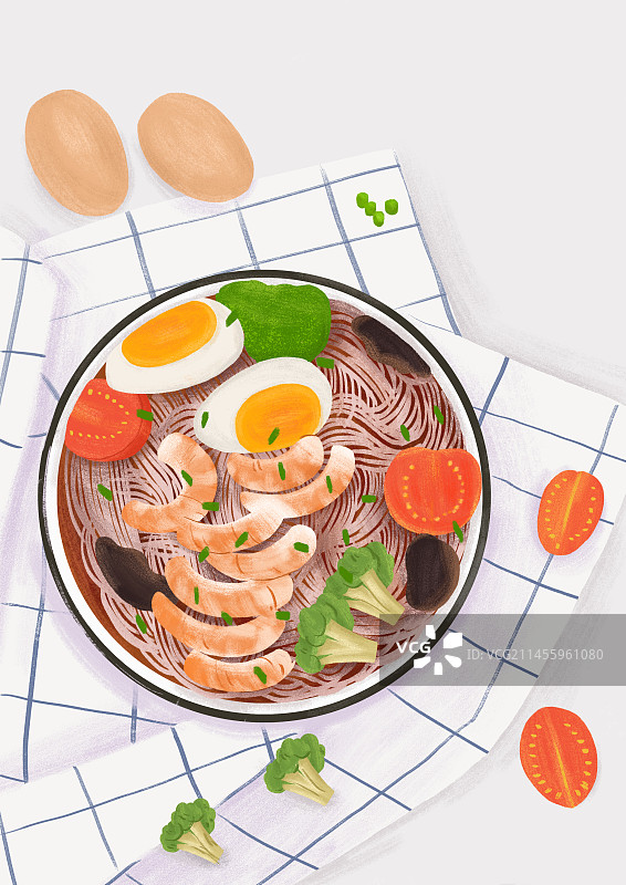 主食虾仁鸡蛋面插画图片素材