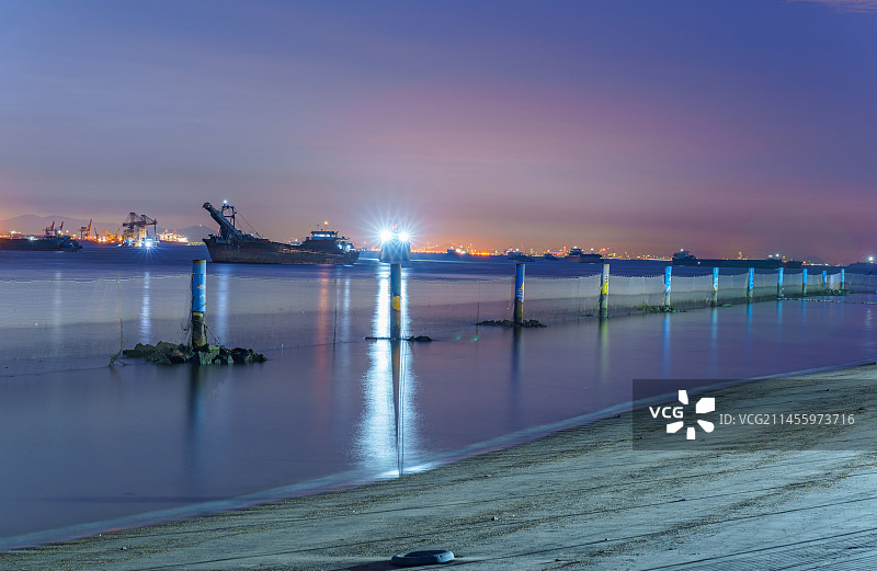 广州南沙滨海沙滩旅游景区海景风光夜景灯光图片素材