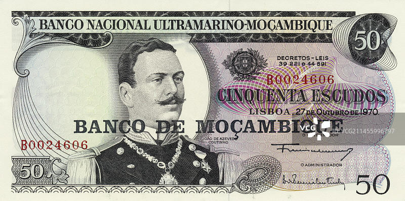 莫桑比克1970年发行的50埃斯库多历史纸币图片素材