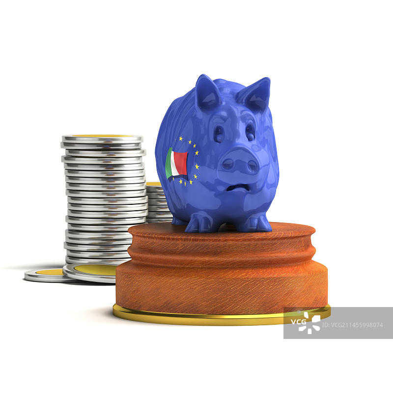 意大利国旗前的硬币堆和存钱罐图片素材