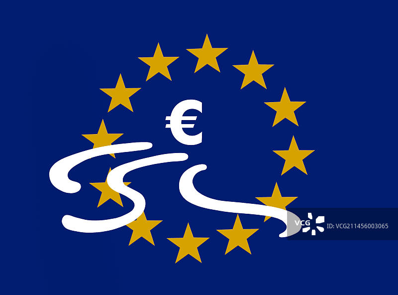 欧元符号，在欧盟的 12 颗星内带有刹车痕迹，象征着欧洲货币联盟的危机图片素材