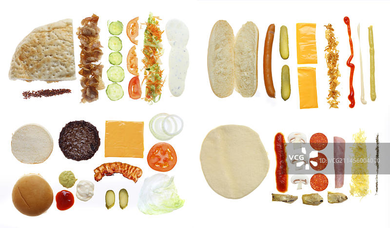 快餐：皮塔饼烤肉卷饼、热狗、奶酪培根汉堡、披萨的食材图片素材