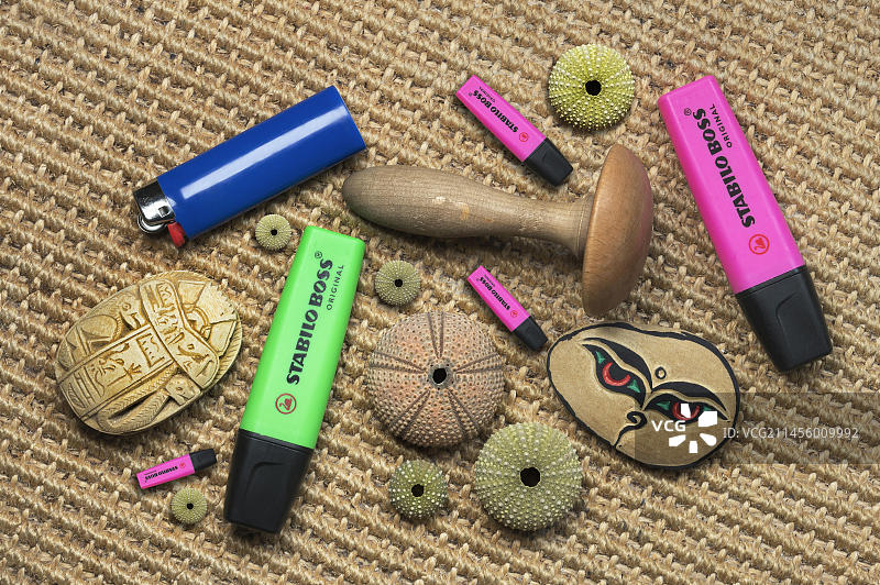 超现实主义静物合成照片，毡尖笔，海胆骨骼等。巴伐利亚，德国，欧洲图片素材