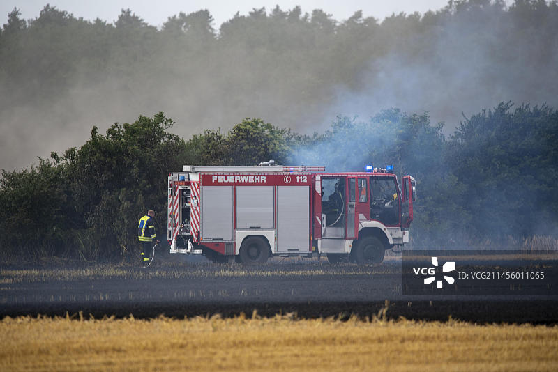 德国萨克森-安哈尔特州格维施的田野火灾与消防队灭火工作图片素材
