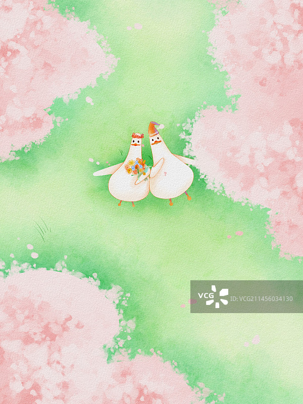 春天的桃树下花瓣飘撒鸭鸭躺着欣赏美丽的景色图片素材