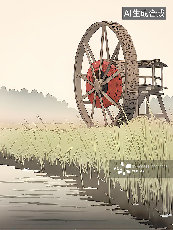 【AI数字艺术】二十四节气之小满稻田水车图片素材