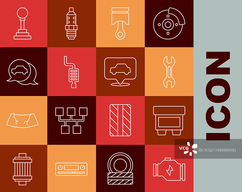 线条发动机检测套装：保险丝、扳手、发动机图片素材